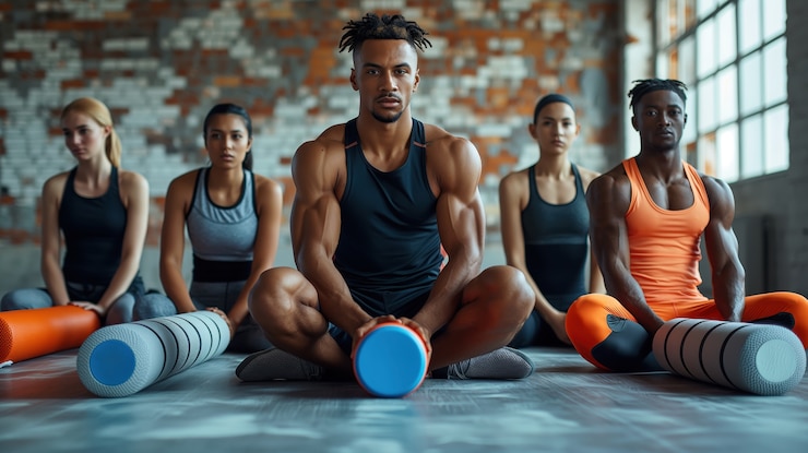 Foto gratuito personas que hacen ejercicio y practican deportes con el uso de rodillos de espuma