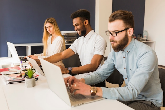 Foto gratuita personas que navegan computadoras portátiles en la oficina