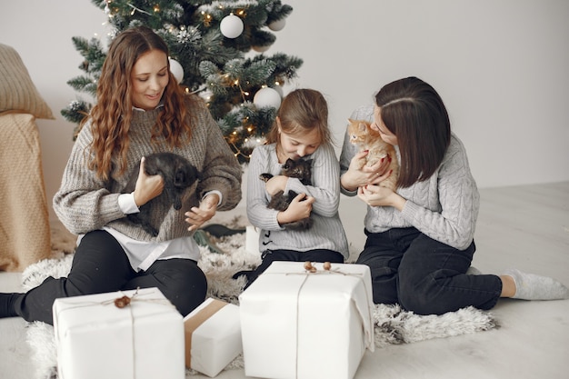 Personas que se preparan para Navidad. Gente sentada junto al árbol de Navidad.