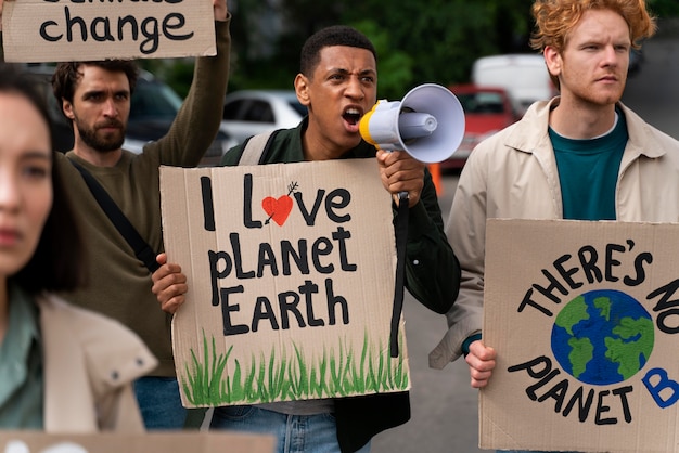 Personas que protestan juntas contra el calentamiento global