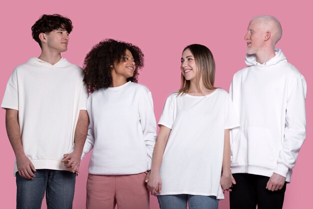 Personas sonrientes de tiro medio con camisas blancas.