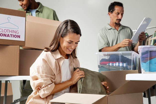 Personas de tiro medio preparando paquetes