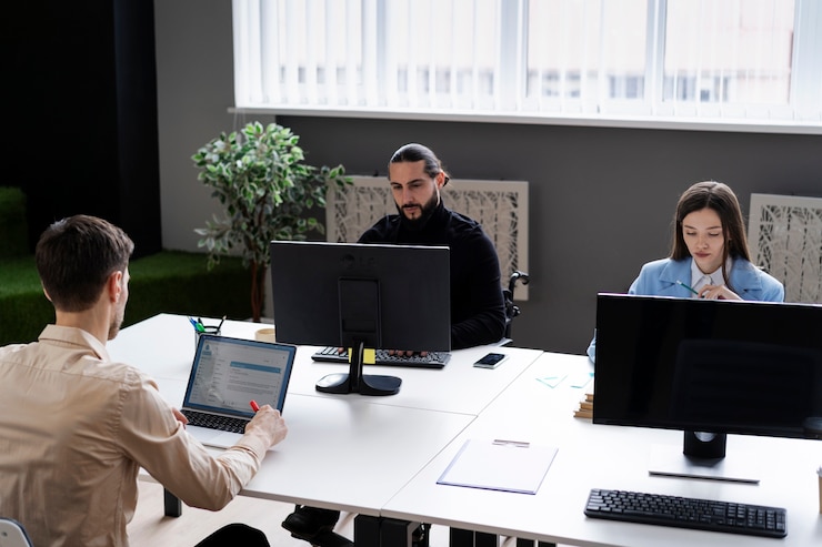 Foto gratuito personas de tiro medio que trabajan con computadoras.