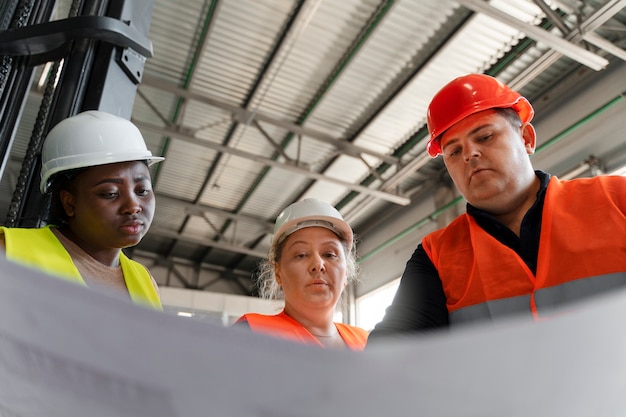 Personas de tiro medio trabajando en la construcción.