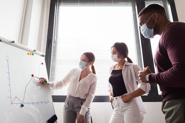 Personas en el trabajo en la oficina durante la pandemia participando en una presentación