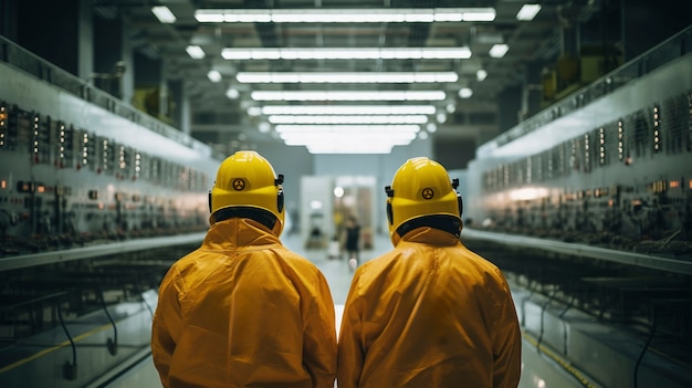 Foto gratuita personas con trajes de protección trabajando en una planta de energía nuclear