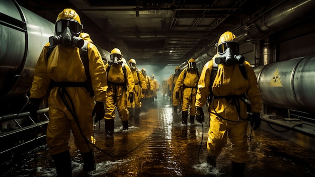 Personas con trajes de protección trabajando en una planta de energía nuclear