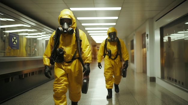 Foto gratuita personas con trajes de protección trabajando en una planta de energía nuclear