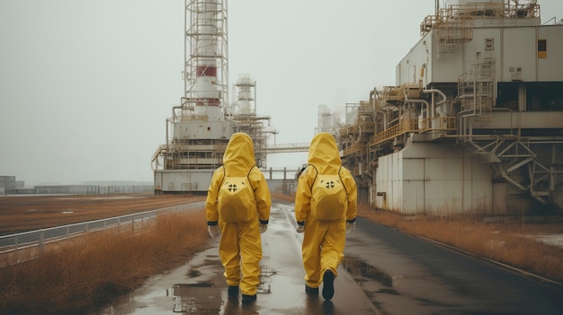 Personas con trajes de protección trabajando en una planta de energía nuclear