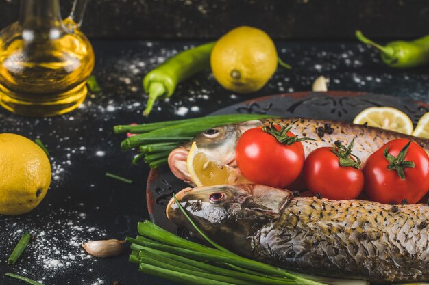 Pescado crudo listo para cocinar con hierbas, especias, tomates y limón en una fuente decorativa