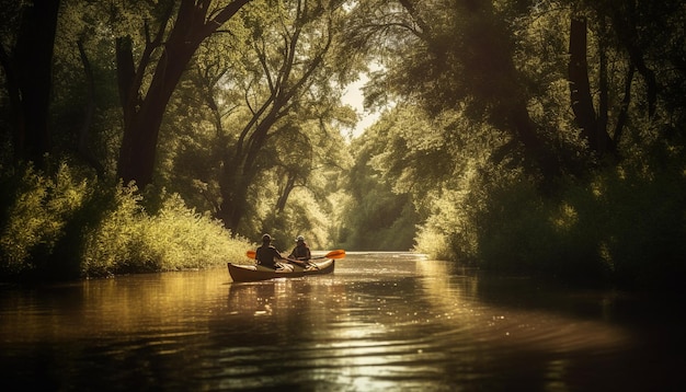 Foto gratuita pescador caucásico rema en un bote de remos a través de la tranquila niebla generada por ia