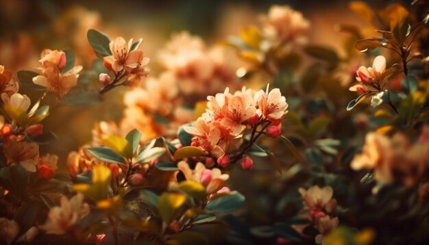 Pétalos de rosa iluminan hojas verdes en primavera generados por IA