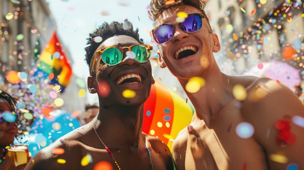 Foto gratuita photorealistic colorful rainbow colors with men celebrating pride together