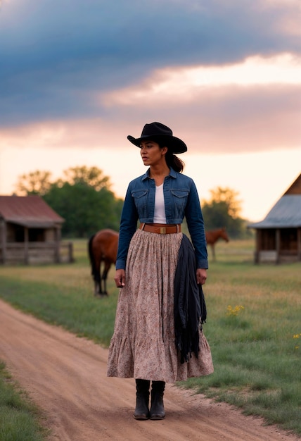 Foto gratuita photorealistic portrait of female cowboy at sunset