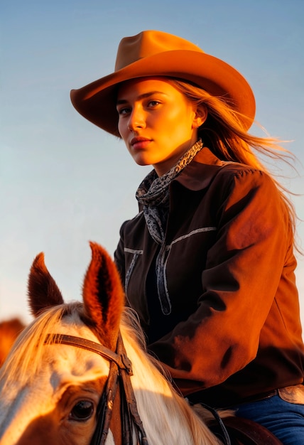 Foto gratuita photorealistic portrait of female cowboy at sunset