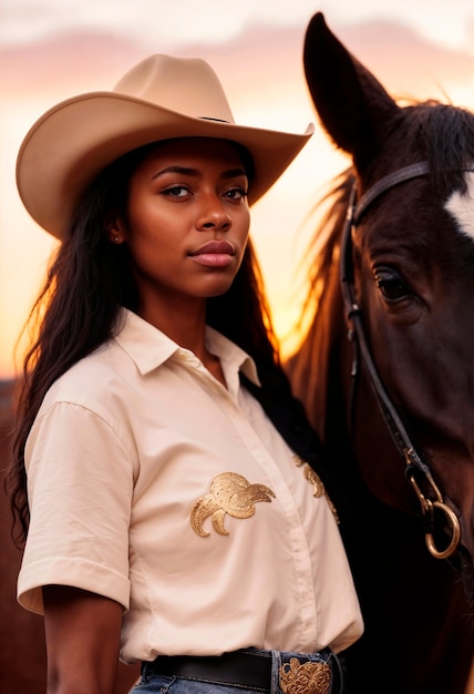 Foto gratuita photorealistic portrait of female cowboy at sunset