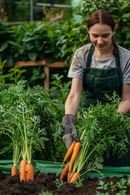 Foto gratuita photorealistic woman in an organic sustainable garden harvesting produce