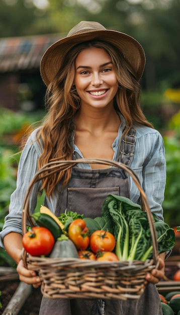 Foto gratuita photorealistic woman in an organic sustainable garden harvesting produce