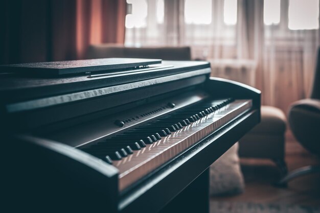 Piano electrónico en el interior de la habitación sobre un fondo borroso