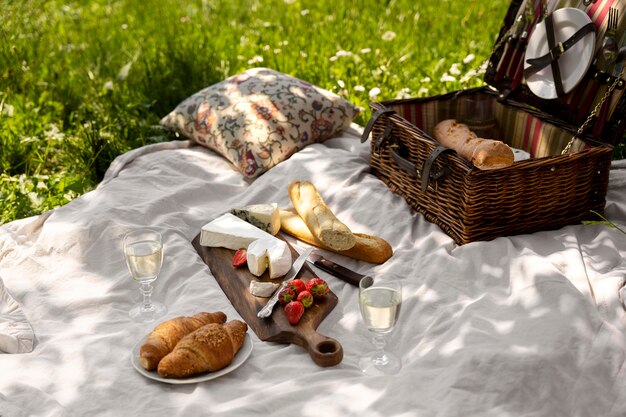 Picnic con deliciosa comida de alto ángulo.