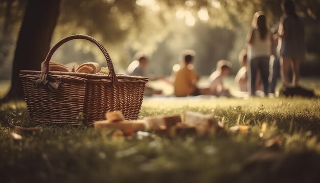 Picnic familiar en el bosque disfrutando de la frescura de la naturaleza generada por IA