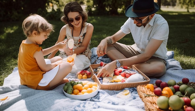 El picnic familiar feliz reúne sonrisas de verano generadas por IA