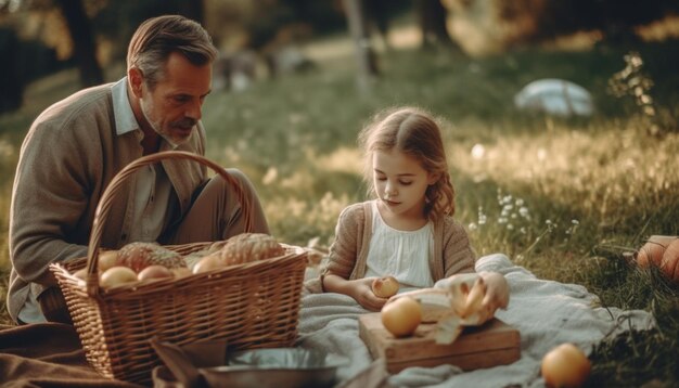 Picnic familiar en la naturaleza uniéndose a la fruta fresca generada por IA