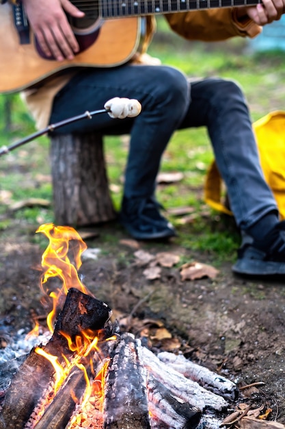 Un picnic con una fogata, un hombre toca la guitarra, otro cocina malvaviscos en el fuego