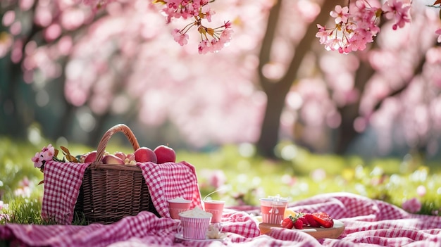 Foto gratuita un picnic de primavera bajo un cerezo en flor