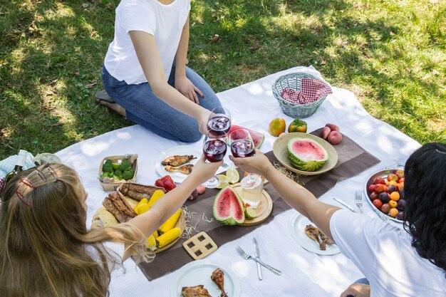 Picnic de verano con amigos en la naturaleza con comida y bebida.