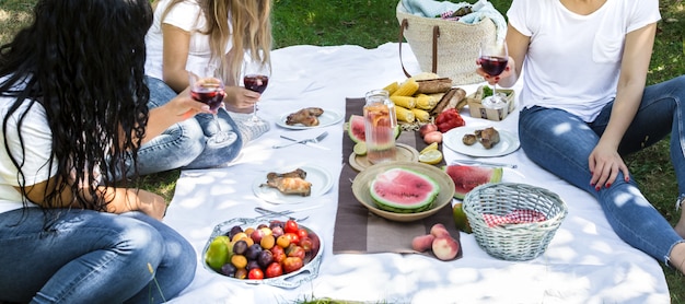 Picnic de verano con amigos en la naturaleza con comida y bebida.