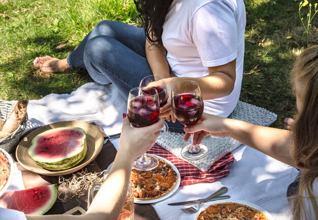 Picnic de verano con amigos en la naturaleza con comida y bebida.