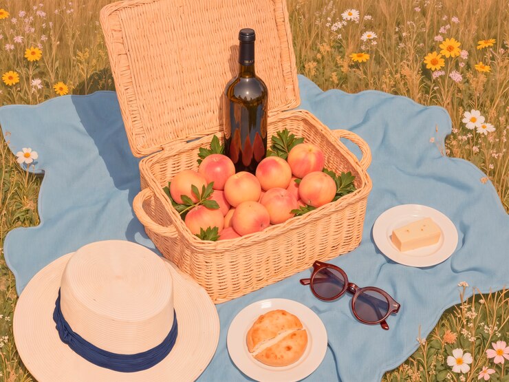 Picnic de verano con frutas, comida y vino