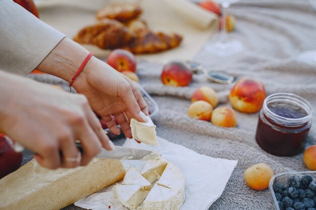 Picnic de verano saludable delicioso en la hierba. Frutas en blancet.