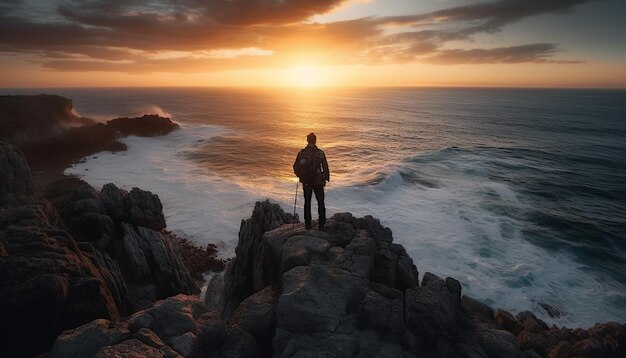 De pie en un acantilado admirando la puesta de sol generada por IA