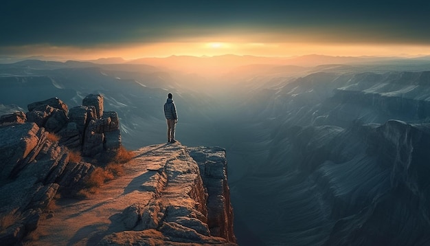 De pie en la cima de la cima de la montaña, éxito logrado generado por IA