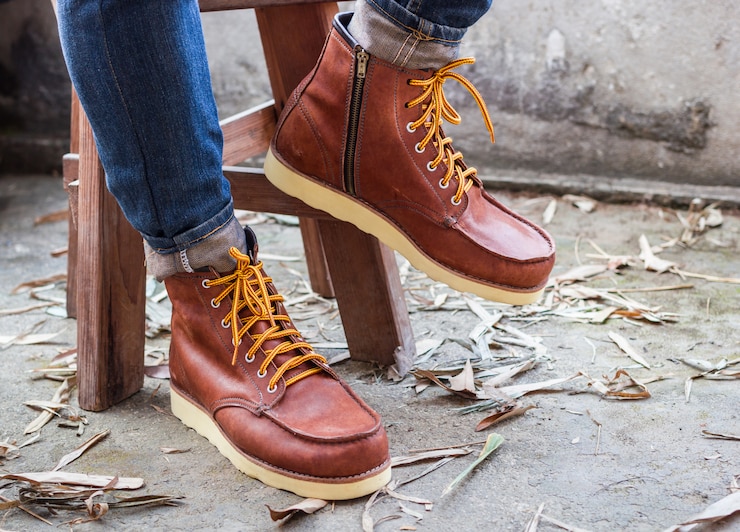 Foto gratuito pie masculino con zapatos de cuero marrón y vaqueros