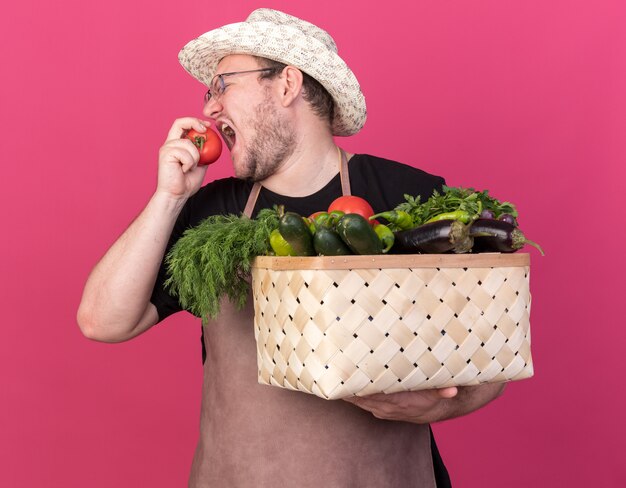 De pie en la vista de perfil joven jardinero vistiendo sombrero de jardinería sosteniendo una canasta de verduras tratando de tomate aislado en la pared rosa