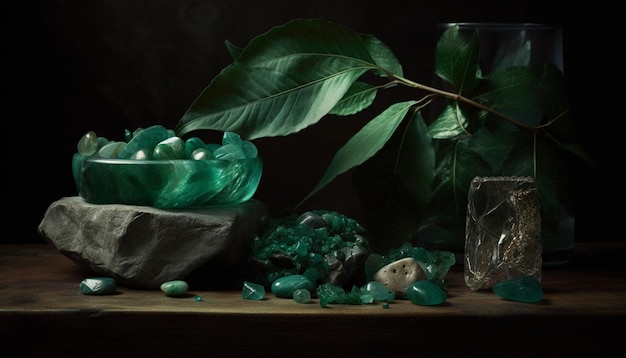 Foto gratuita la piedra preciosa de cristal refleja la belleza de la naturaleza en la naturaleza muerta generada por ia