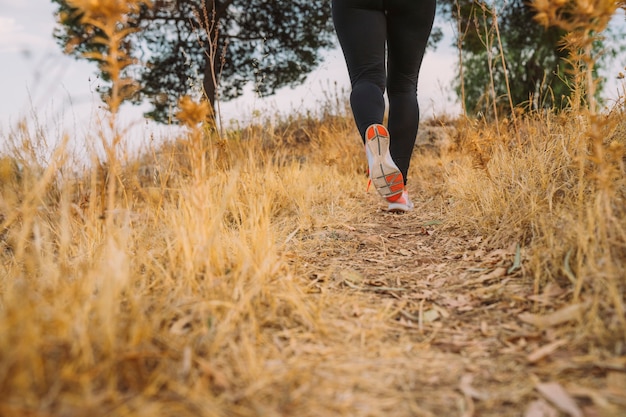 Piernas femeninas entrenando en la naturaleza