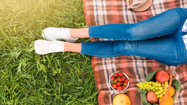 Foto gratuita piernas femeninas en manta de picnic