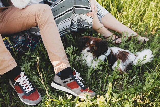 Piernas en zapatillas de deporte de sentarse en la hierba joven elegante hipster pareja enamorada caminando con perro en el campo, moda boho de estilo veraniego, romántico