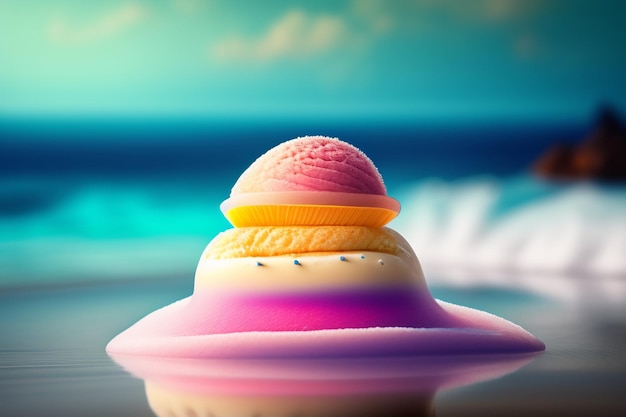 Foto gratuita una pila de helados de colores en un plato con un fondo azul.