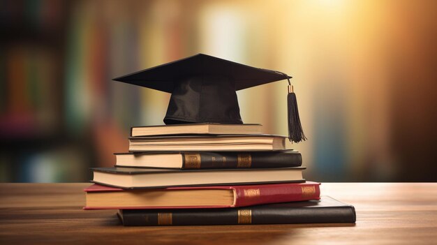 Una pila de libros y una gorra de graduado