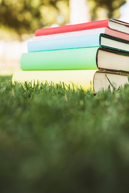 Pila de libros de texto con cubiertas brillantes sobre hierba verde