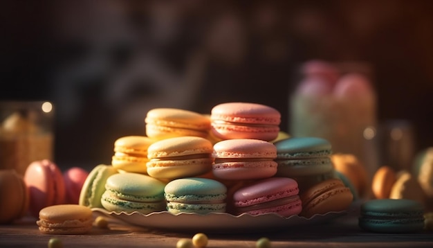 Foto gratuita una pila de macarons en un plato con un tarro de caramelos al fondo.