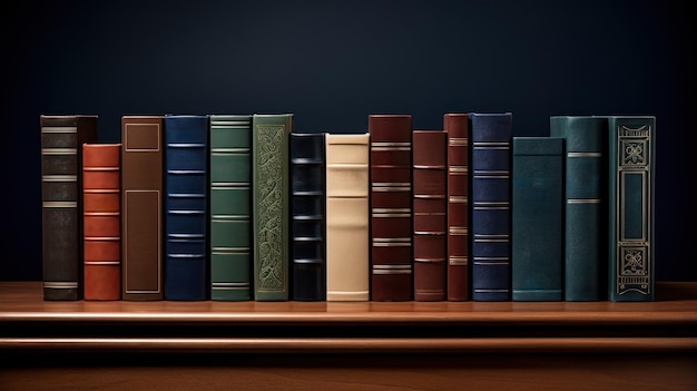 Foto gratuita pila organizada de libros de tapa dura sin etiqueta en una mesa de madera con un fondo azul para temas educativos
