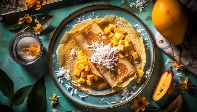 Foto gratuita una pila de panqueques caseros con chocolate generados por ia