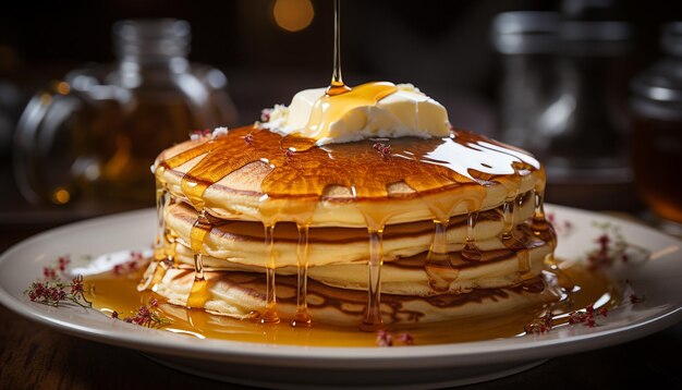 Foto gratuita una pila de panqueques caseros con fruta fresca y crema batida generados por inteligencia artificial