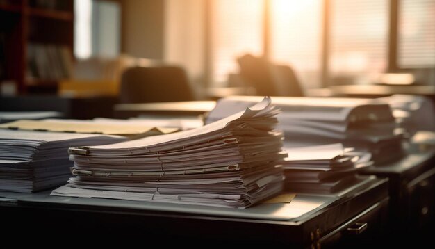 Pila de papeleo de negocios corporativos en un escritorio desordenado generado por AI